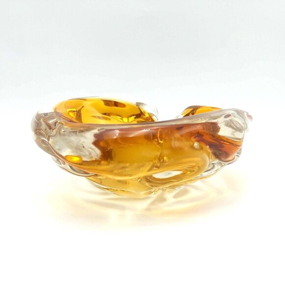 Amber Colored Glass Art Ashtray Table Decor Unsigned Possibly Murano or Chalet - Picture 2 of 8